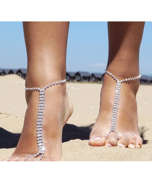 2 Pieces Beach Barefoot Adorn Alloy Golden Rhinestone Foot Anklet Chain