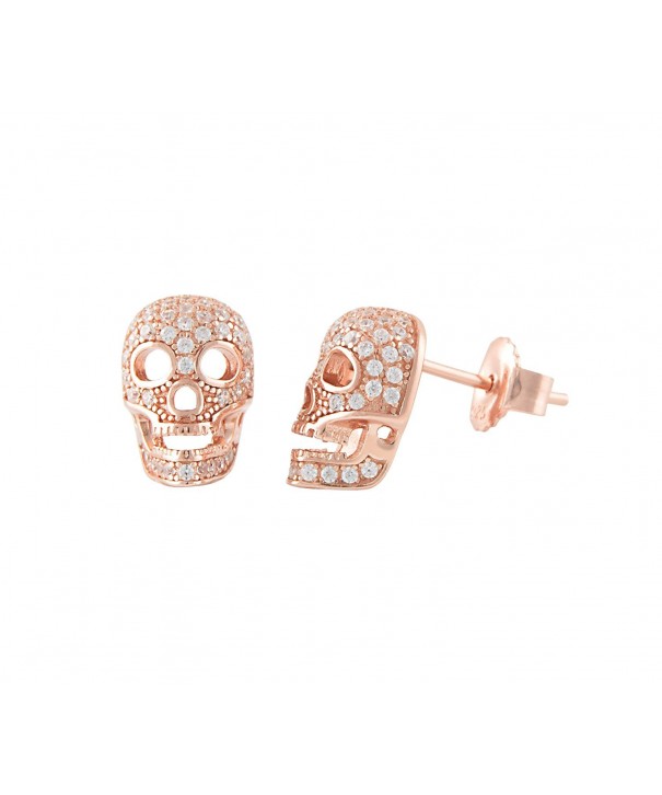 Sterling Silver Cz Skull Stud Earrings - 11mm - Rose Gold Tone