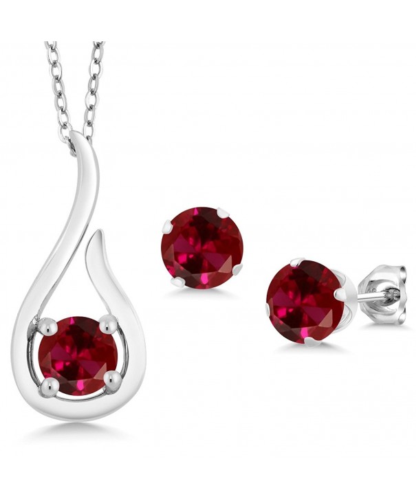1.80 Ct Round Red Created Ruby 925 Sterling Silver Pendant Earrings Set ...